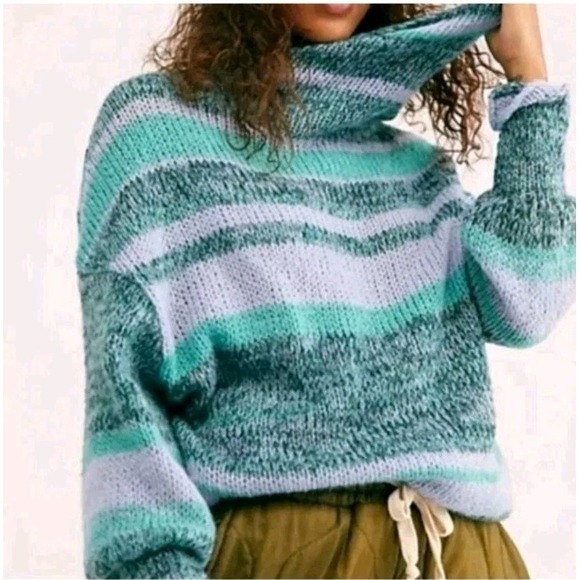 Free People Blue Candy Stripe‎ Cowl Neck Wool Alpaca Tunic Sweater Size Medium - Picture 5 of 14